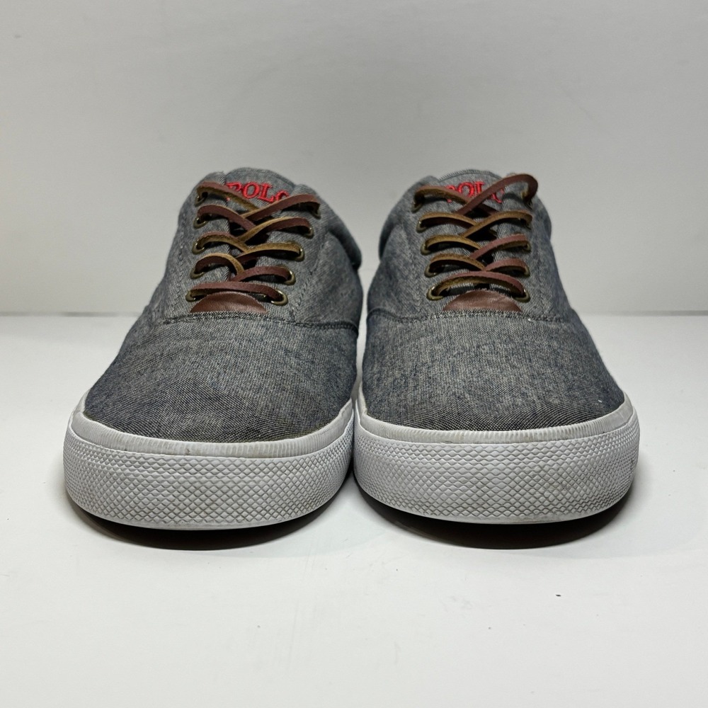 Polo Ralph Lauren Vito Mens 11D Grey Chambray Leather Trim Sneakers‎ Low Shoes - Picture 2 of 9